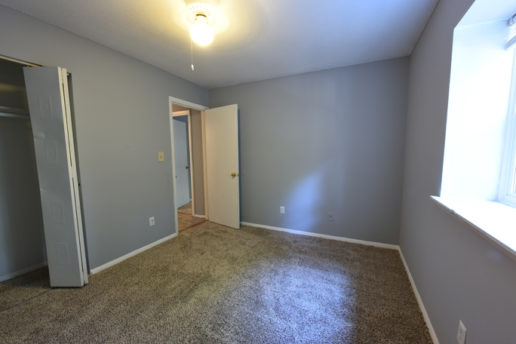 carpet bedroom, gray walls, window, ceiling light, closet