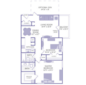 2 bed 2 bath floor plan, master bedroom 12' 5" x 14' 5", bedroom 11' 11" x 11' 11", dining room 6' 7" x 8' 7", living room 14' 4" x 15' 9", balcony 4' 6" x 15' 3", dining room 6' 7" x 8' 7", optional den 14' 10" x 8" 2 cloets, 1 walk-in closet