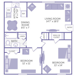 2 bed 1 bath floor plan, kitchen 8' x 7' 10", dining room 8' 5" x 7', living room 14' 7" x 18' 5", 1 walk-in closet, 2 closets