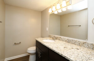 Interior Unit Bathroom, stone countertop, large vanity mirror, wood floors, neutral toned walls.